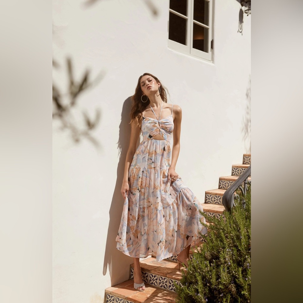 ASTR BRANDY FLORAL CINCHED FRONT CUTOUT MAXI DRESS vacation Euro summer wedding